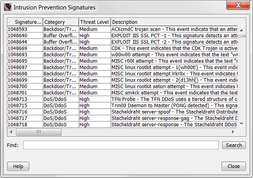 Capture d'écran de la boîte de dialogue Signatures d'Intrusion Prevention Service