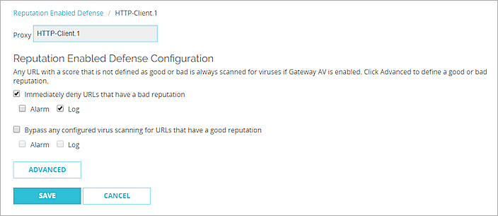 Capture d'écran de la page Reputation Enabled Defense pour une action de proxy dans Fireware Web UI