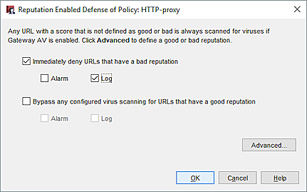 Capture d'écran de la boîte de dialogue des paramètres de Reputation Enabled Defense pour une stratégie de proxy HTTP dans Policy Manager