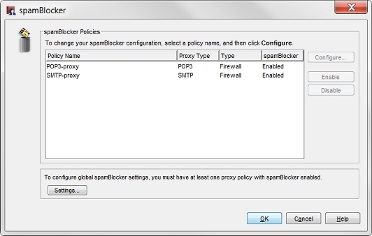 Capture d'écran de la page de configuration spamBlocker, montrant les stratégies de proxy SMTP et POP3