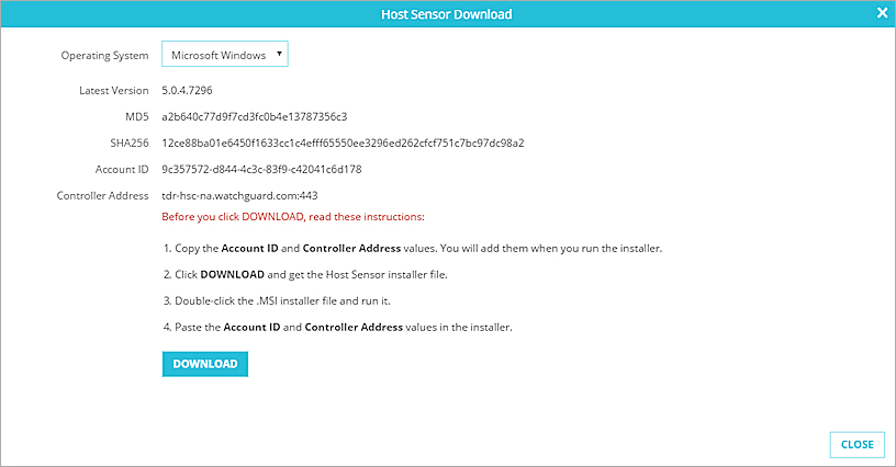 Capture d'écran de la page Téléchargement du Host Sensor