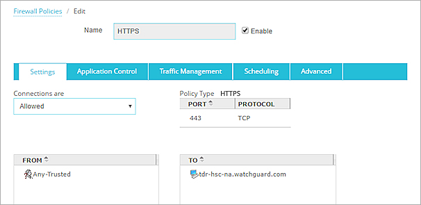 Capture d'écran de la stratégie HTTPS dans Fireware Web UI