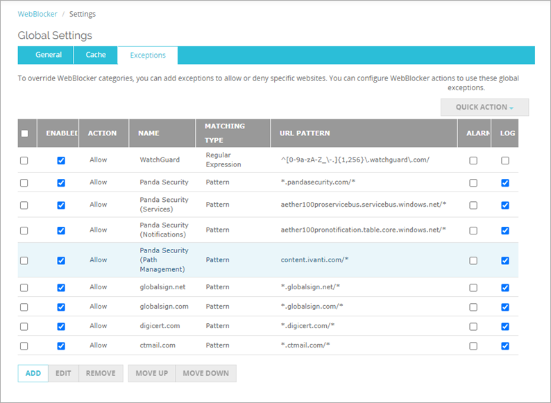 Screen shot of WebBlockerGlobal Settings Exceptions tab