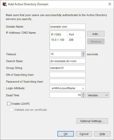 Boîte de dialogue Serveurs d'authentification - Onglet Active Directory