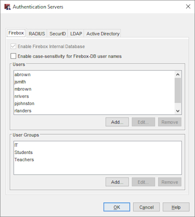 Capture d'écran de la boîte de dialogue Serveurs d'authentification avec des groupes ajoutés