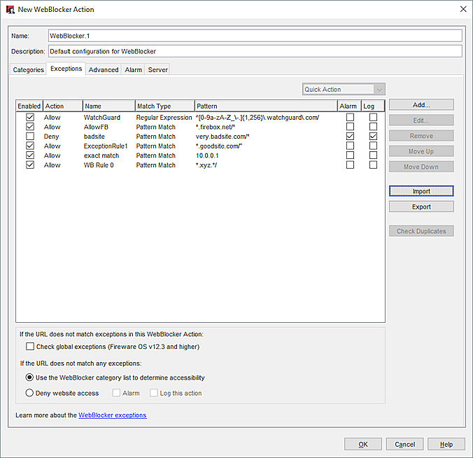 Capture d'écran de la boîte de dialogue d'exceptions de WebBlocker