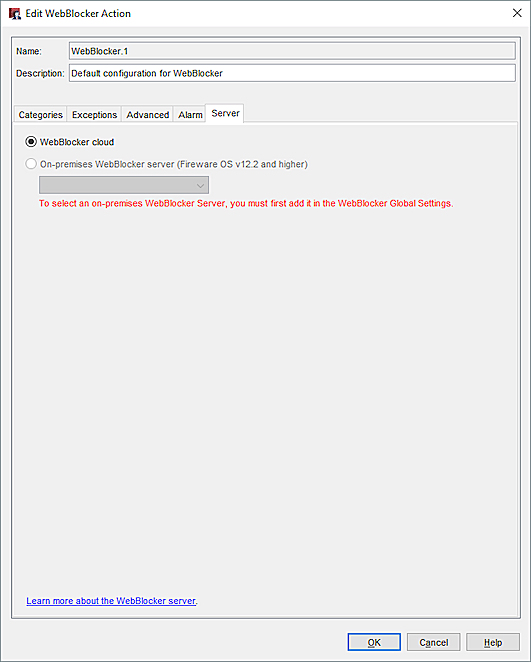 Capture d'écran de la boîte de dialogue Configuration de WebBlocker, onglet Serveurs