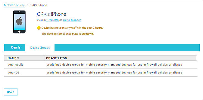 Screen shot of the Mobile Security > Device Details page