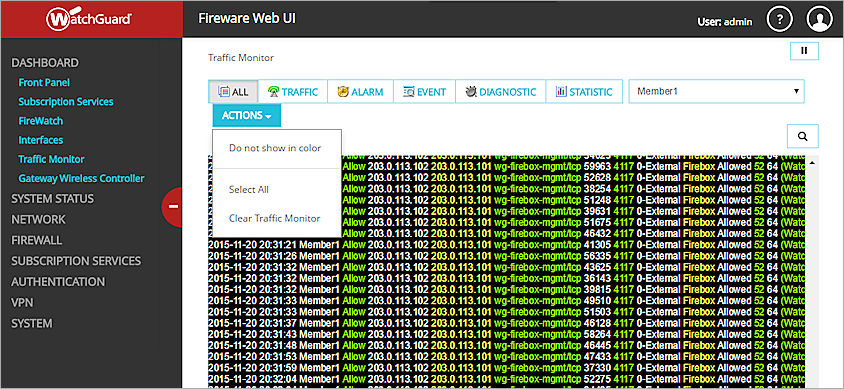 Capture d'écran de la page Traffic Monitor, menu options de l'Affichage