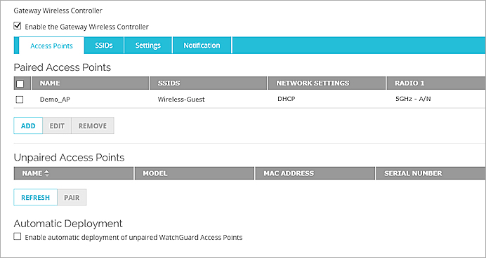 Capture d'écran de l'onglet Points d'Accès de la page Gateway Wireless Controller