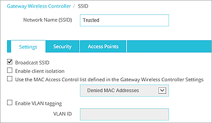 Capture d'écran de la page des paramètres SSID du réseau sans fil Approuvé