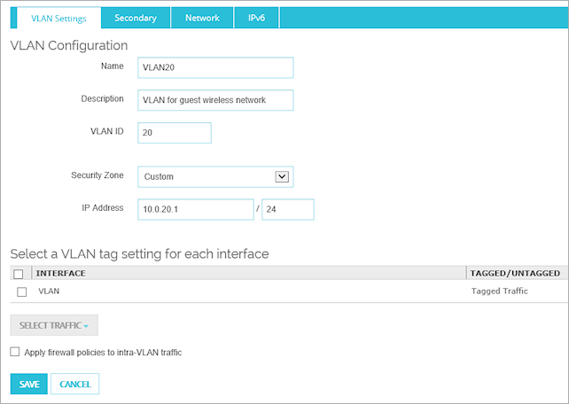 Capture d'écran de la page Configuration de VLAN pour VLAN20