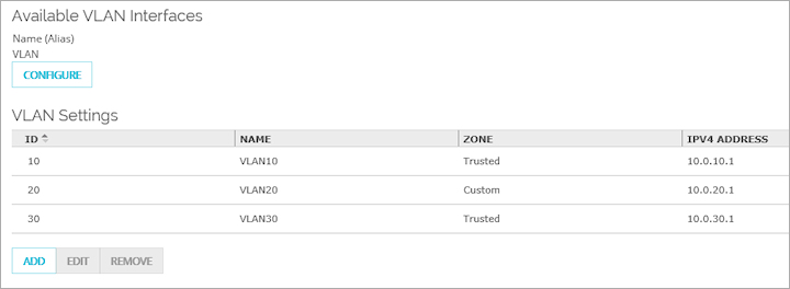 Screen shot of the Network > VLAN tab with three VLANs configured