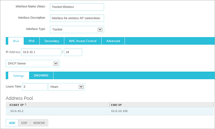 Capture d'écran de la configuration d'interface Réseau du réseau sans fil approuvé