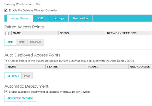 Capture d'écran de la page Gateway Wireless Controller avec le déploiement automatique activé