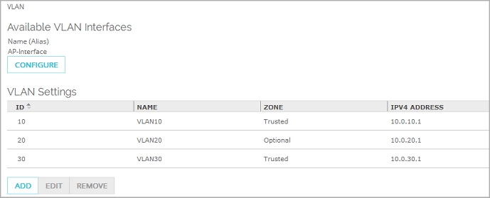 Capture d'écran de la page VLAN avec trois VLAN configurés