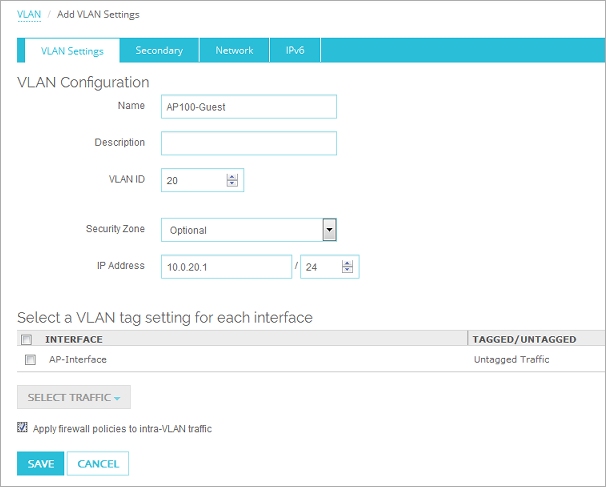 Capture d'écran de la configuration VLAN pour le VLAN AP100-Guest