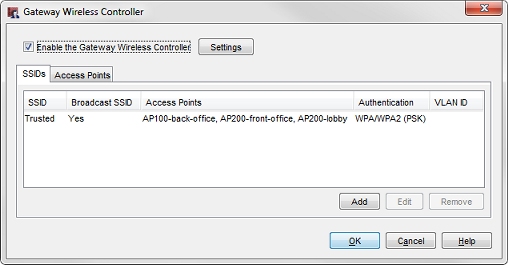 Capture d'écran de l'onglet SSID dans le Gateway Wireless Controller