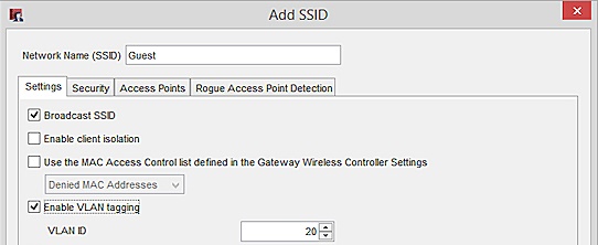 Capture d'écran de la boîte de dialogue Ajouter SSID pour le SSID invité.