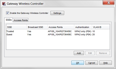 Capture d'écran de l'onglet SSID avec deux SSID configurés sur deux VLAN