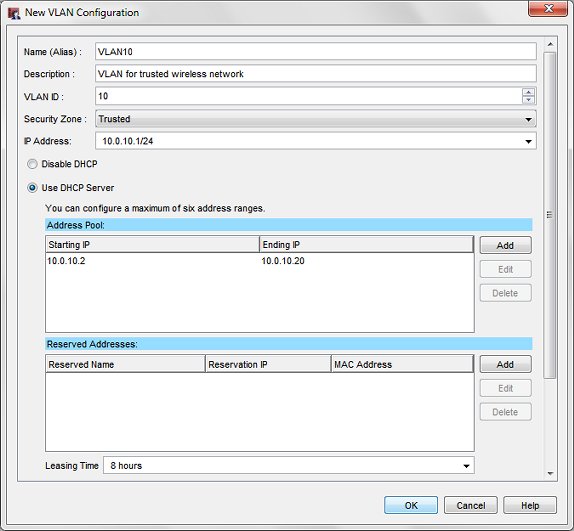 Capture d'écran de la boîte de dialogue Configuration d'un Nouveau VLAN pour VLAN10