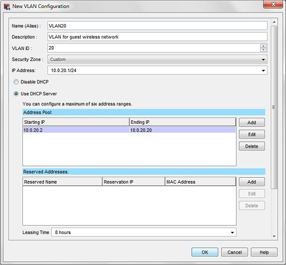 Capture d'écran de la boîte de dialogue Configuration d'un nouveau VLAN pour VLAN20