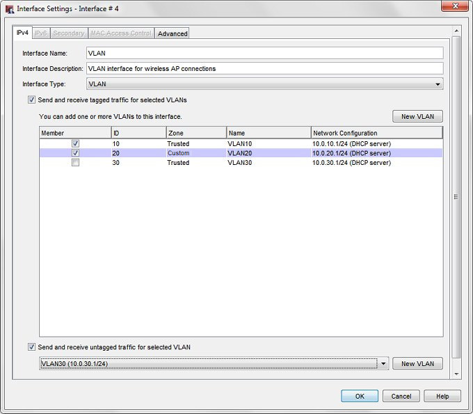 Capture d'écran de la boîte de dialogue Paramètres de l'interface pour l'interface VLAN