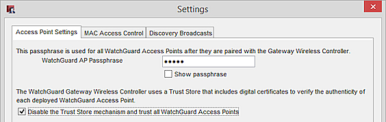 Capture d'écran de Policy Manager, Gateway Wireless Controller, Désactiver le Magasin d'Approbations