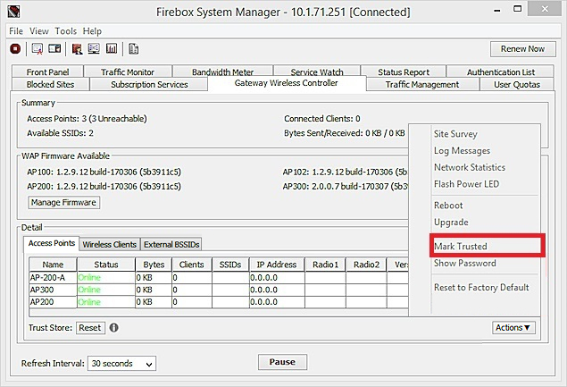 Capture d'écran de Firebox System Manager, onglet Points d'Accès, action Marquer comme Approuvé