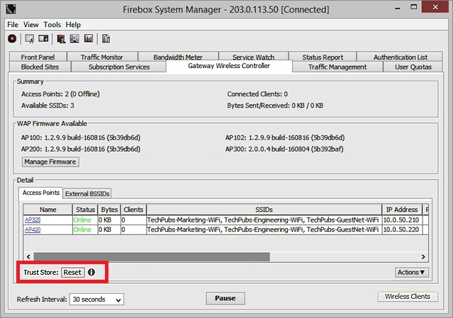 Capture d'écran de Firebox System Manager, Gateway Wireless Controller, Réinitialiser le Magasin d'Approbations