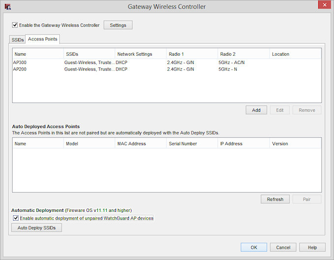 Capture d'écran de la boîte de dialogue Gateway Wireless Controller avec le déploiement automatique activé