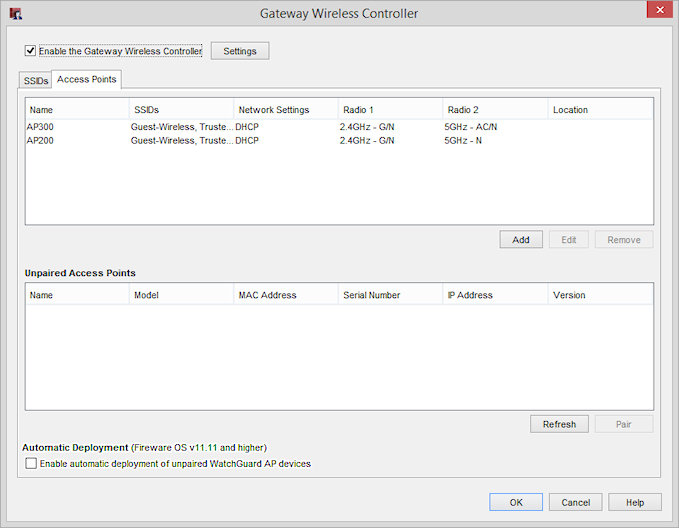 Capture d'écran de la boîte de dialogue Gateway Wireless Controller, onglet Points d'accès
