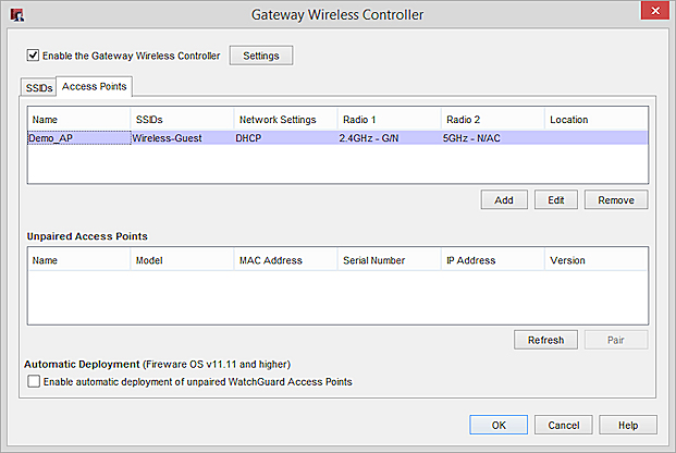 Capture d'écran de la boîte de dialogue Gateway Wireless Controller, onglet Points d'accès