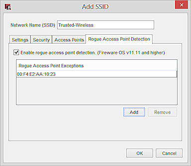 Capture d'écran de la boîte de dialogue de Rogue Access Point Detection - SSID dans Policy Manager