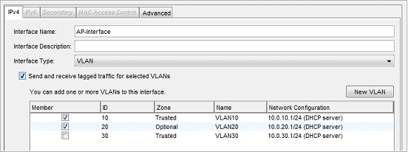Capture d'écran d'une interface VLAN configurée pour envoyer et recevoir le trafic marqué pour deux VLAN