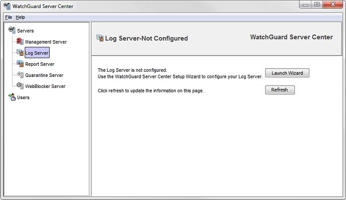 Capture d'écran de la page Log Server, message Lancer l'Assistant Launch Setup Wizard