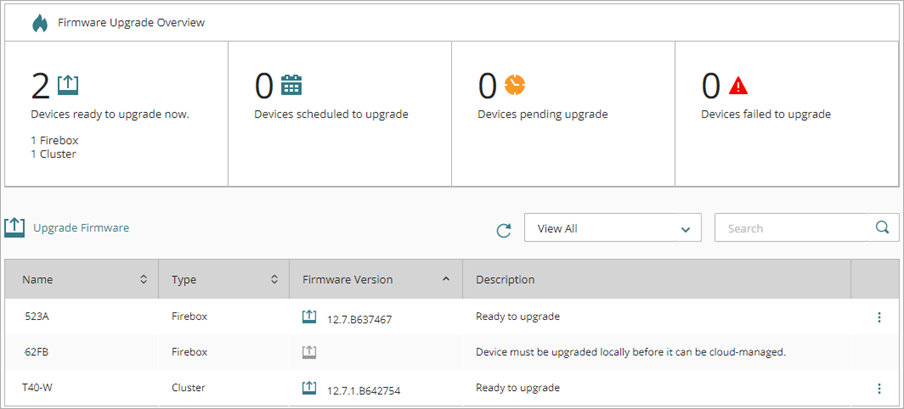 Screen shot of the Firmware Upgrade Overview for a FireCluster