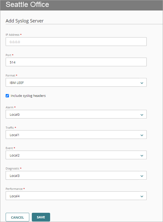 Screen shot of Device Configuration, Add Syslog Server - LEEF