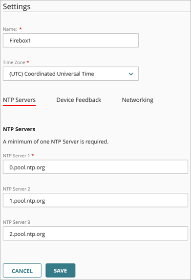 Screen shot of cloud-managed device configuration settings page, NTP Servers tab