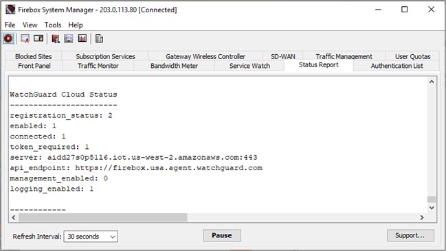 Screen shot of the Status Report for a Firebox that is connected to WatchGuard Cloud