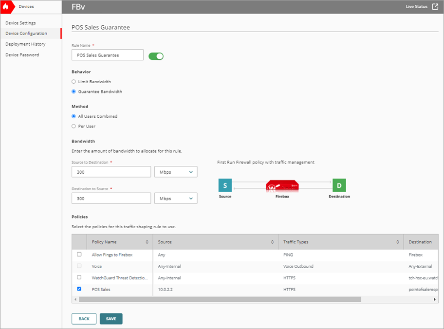 Screenshot of the traffic shaping rule that guarantees bandwidth