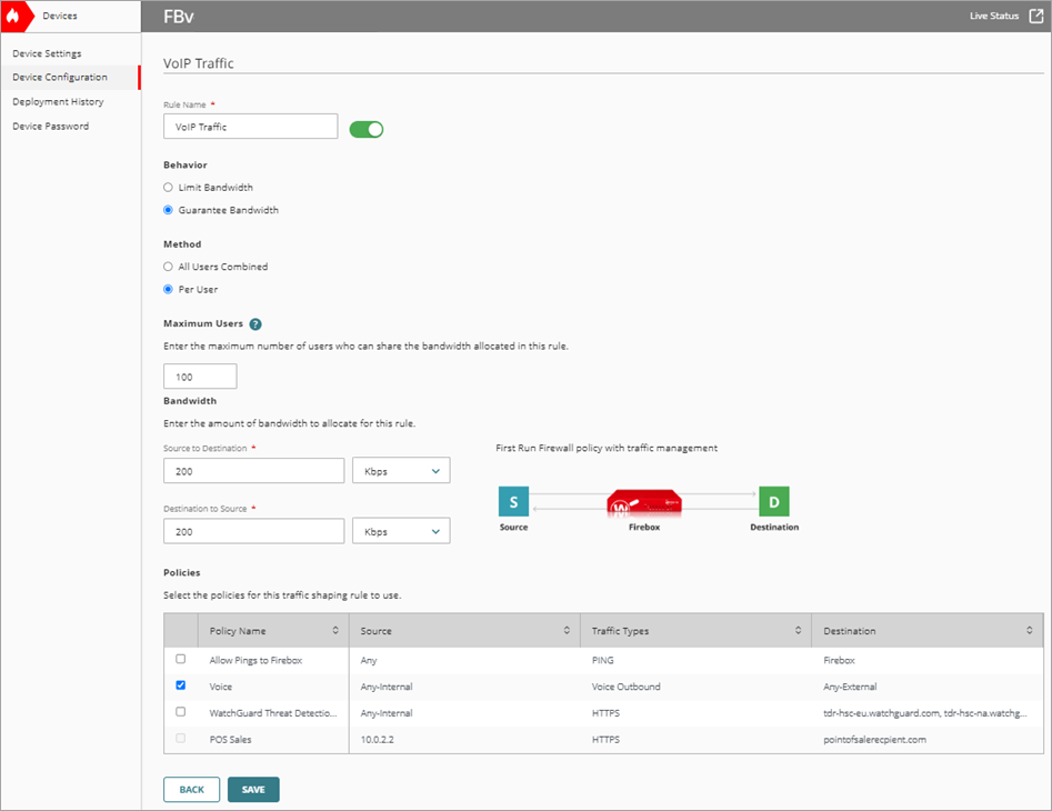 Screenshot of the traffic shaping rule for VoIP