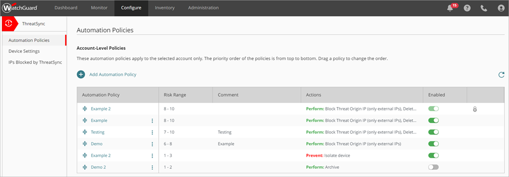 Screen shot of the Automation Policies page in ThreatSync