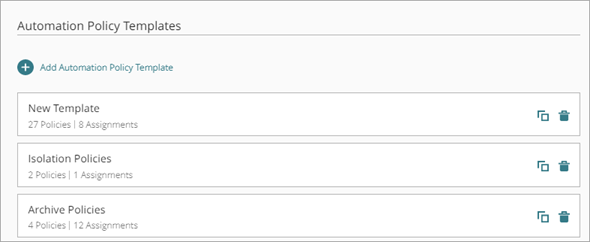 Screen shot of the Automation Policy Templates page for Service Providers