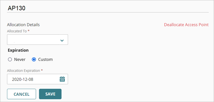 Screen shot of the allocation details for an allocated Access Point