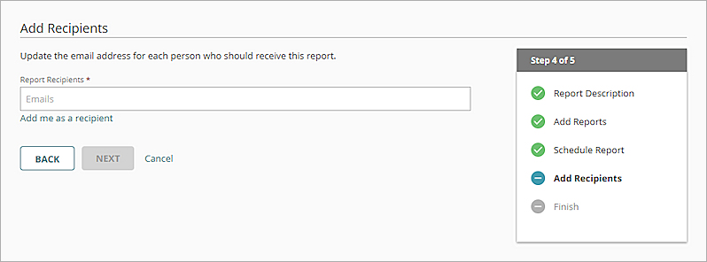Screen shot of the Create Schedule wizard, Add Recipients step