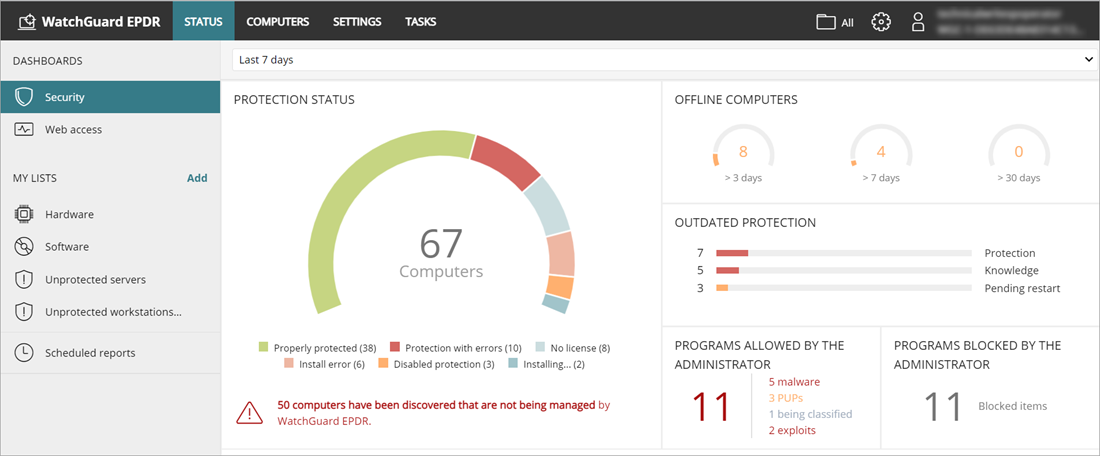 Screen shot of the WatchGuard EPDR Security dashboard