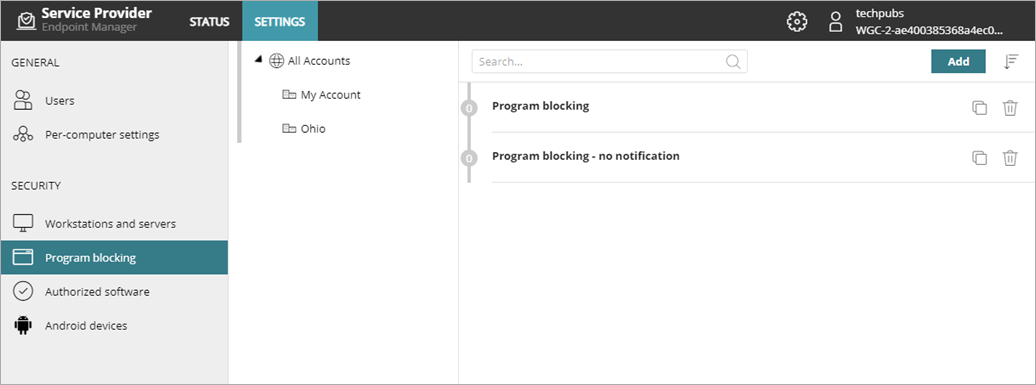 Screen shot of Service Provider Endpoint Manager, available settings profiles