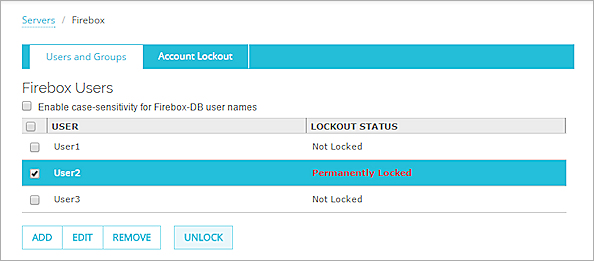 Capture d'écran de la liste d'Utilisateurs Firebox avec un compte verrouillé