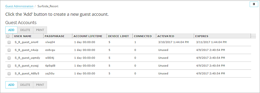 Capture d'écran de la page Comptes avec les nouveaux comptes d'utilisateur invités dans la liste Comptes invités